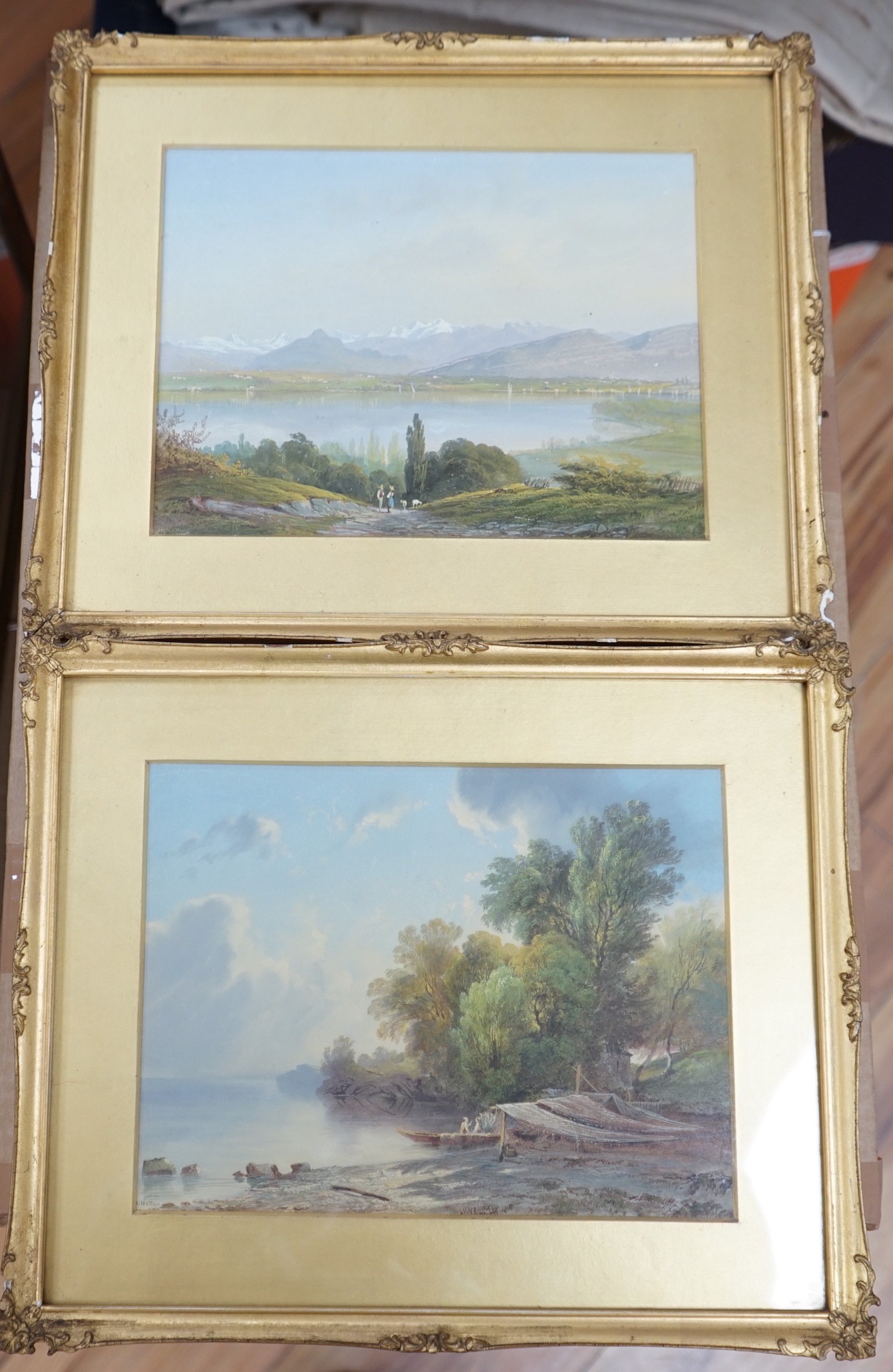 Luc Henri Mottu (Swiss, 1815-1859), pair of gouaches, View of Mont Blanc and Lakeside scene, signed, with labels verso, 16 x 21cm